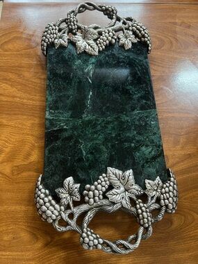 Silver Grape Motif Green Marble Serving Tray - Unbranded